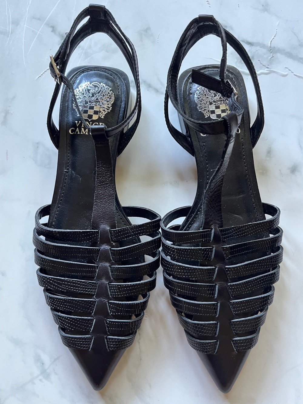 Vince Camuto Black Pointed Cage Slingback Flats